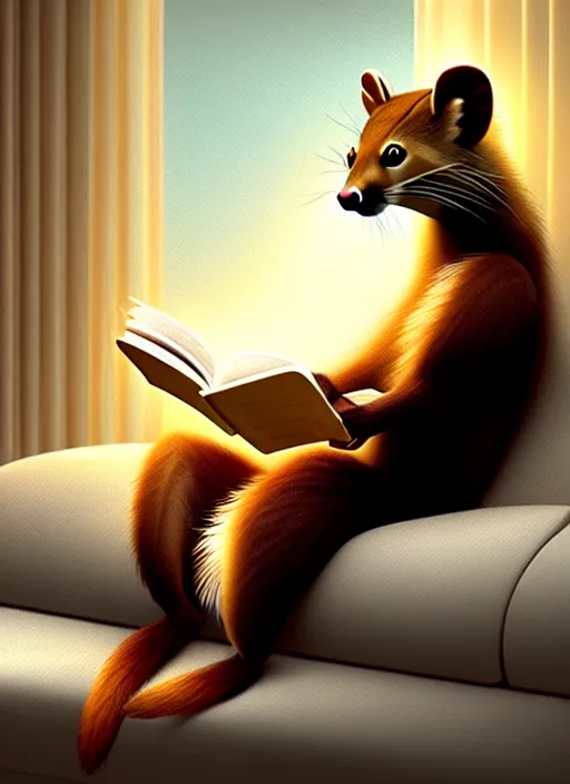 Image similar to A beautiful scene featuring a humanoid pine marten in loose white clothing reading on a couch. Golden hour. Hyperrealistic. Trending on CGSociety.