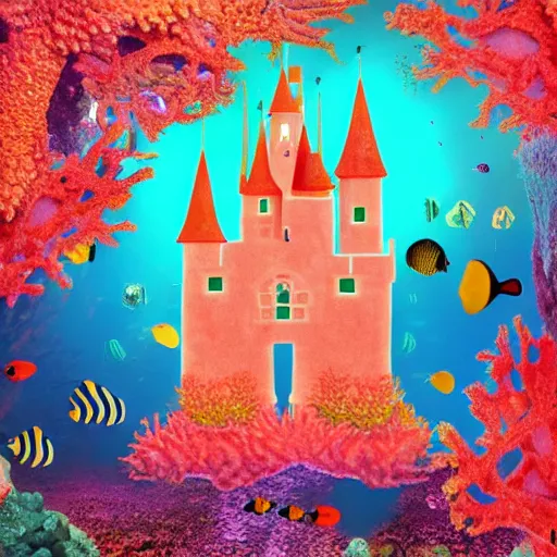 Prompt: underwater castle surrounded by colorful coral, digital art