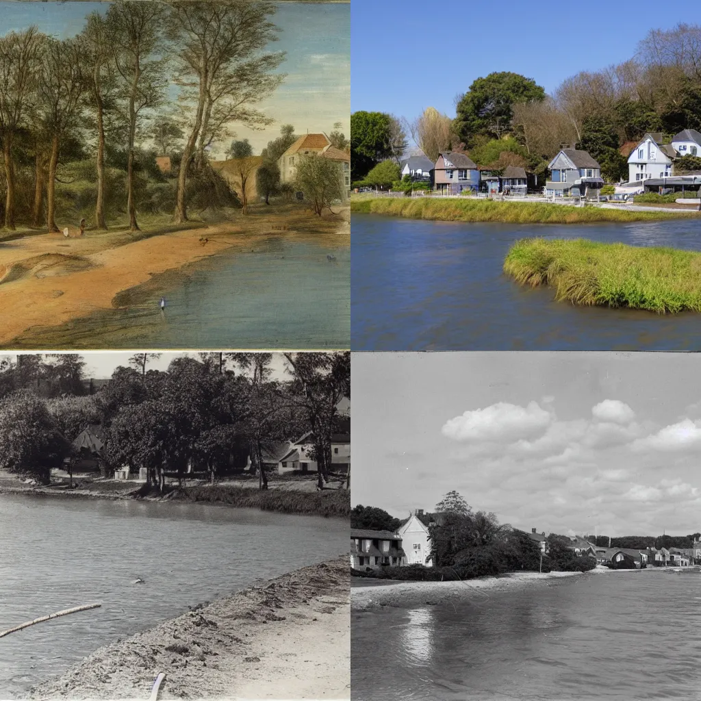 Prompt: Small inland beach along a bright river, surrounded by houses on poles