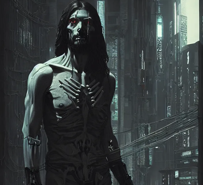 Image similar to cyberpunk skeleton jesus, noir, sharp focus, intricate, illustration, cell shaded, digital painting, highly detailed, matte, art by ilya kuvshinov, wlop, greg rutkowski, reflections, studio quality, james jean, artem demura