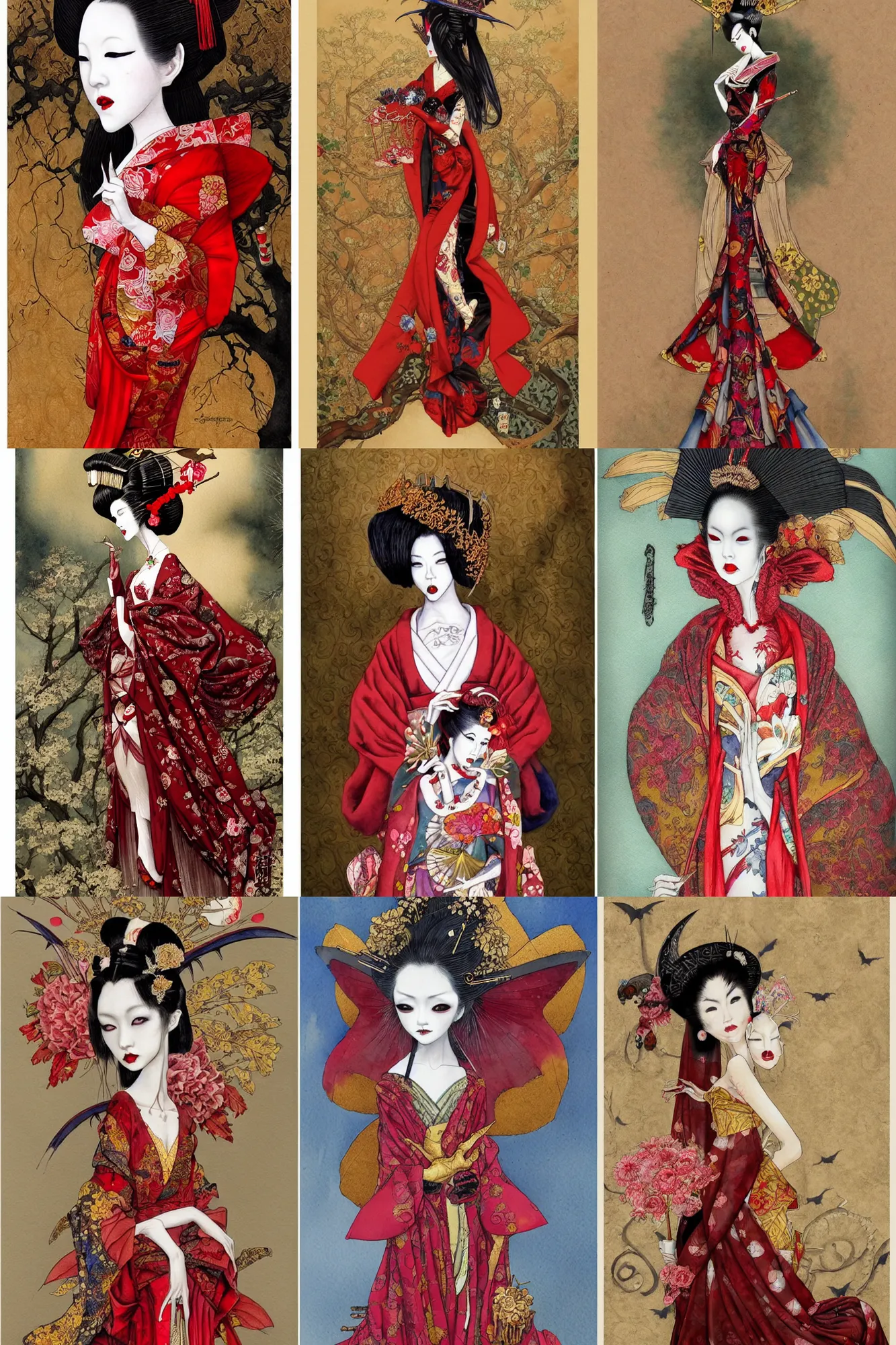 Prompt: watercolor painting of avant - garde portrait of a japanese bjd geisha vampire queen with a long neck in a victorian red dress painted by daniel merriam, intricate detail, artstation, artgerm, in the style of dark - fantasy, rococo, gold leaf art