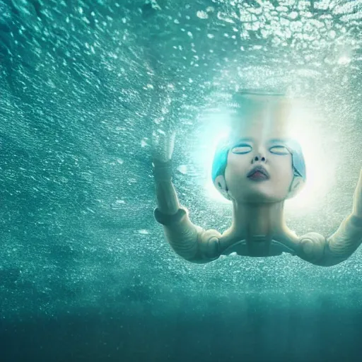 Image similar to beautiful centered fine art photo portrait of hoyeon jung as a solarpunk robotic humanoid treading above water, white mechanical parts with led lights, ultra - realistic and detailed, white background, sun lighting, soft focus, slow exposure hdr 8 k