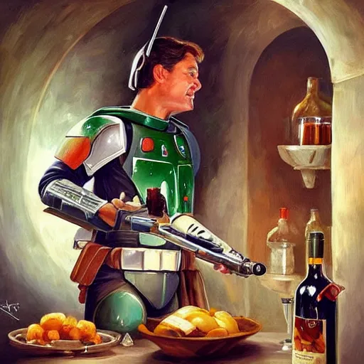 Image similar to Boba Fett discovers a wine cellar full of food and schnapps, painting by Vladimir Volegov