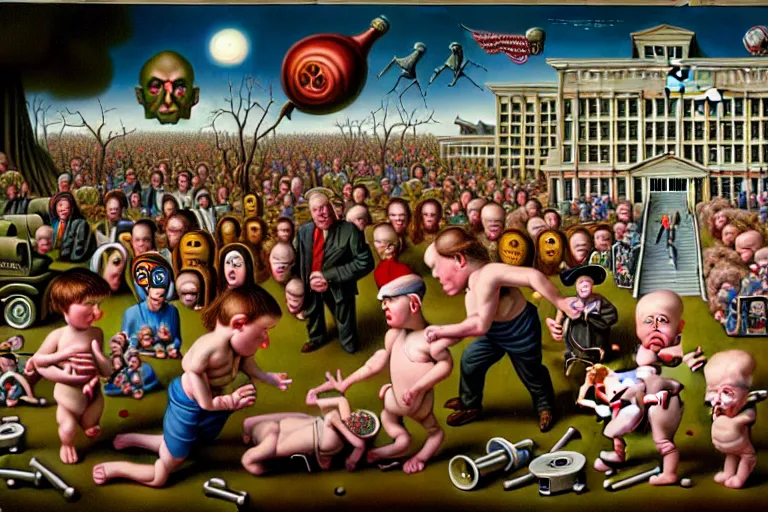 Image similar to a sparsely populated strange battle in an old hospital between old people and babies Robert Williams Mark Ryden and Alex Gross, Todd Schorr highly detailed deep perspective perfect composition