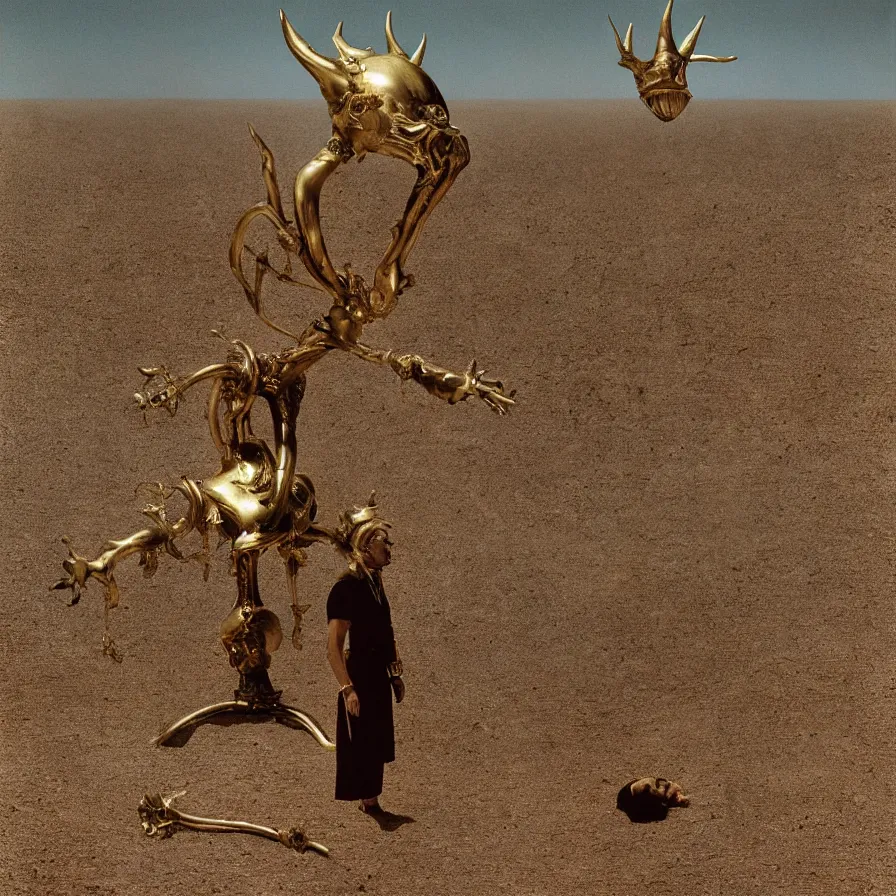 Prompt: portrait of salvador dali wearing a golden horned crown and jewels in a dry sand desert landscape, alien spaceship by giger in the landscape, film still from the movie by alejandro jodorowsky with cinematogrophy of christopher doyle and art direction by hans giger, anamorphic lens, kodakchrome, very detailed photo, 8 k