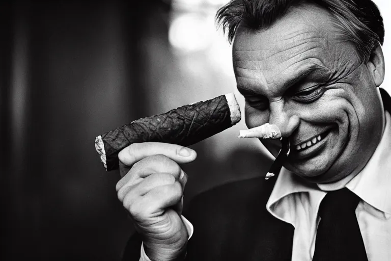 Prompt: viktor orban drinking champagne, smoking cigar, laughing hard, highly detailed face, by peter lindbergh