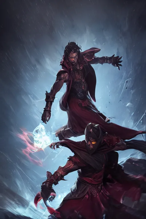Image similar to an evil mage in a fighting pose casting a dark spell, character splash art, dynamic, action pose, digital painting, WLOP, trending on artstation, 8k, epic composition, highly detailed, sharp focus