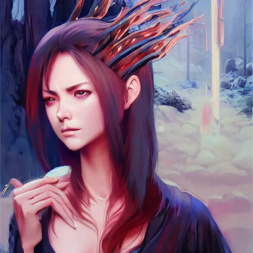 Image similar to A fire witch with big and cute eyes, fine-face, realistic shaded perfect face, fine details. realistic shaded lighting poster by Ilya Kuvshinov katsuhiro otomo ghost-in-the-shell, magali villeneuve, artgerm, Jeremy Lipkin and Michael Garmash, Rob Rey and Kentarõ Miura style, trending on art station