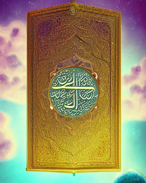 Image similar to the quran descending from the galaxy into clouds highly detailed, gold filigree, romantic storybook fantasy, soft cinematic lighting, award, pastel color palette, featured on artstation, digital art