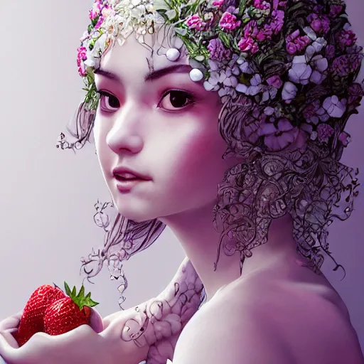 Image similar to the portrait of an absurdly beautiful, graceful, elegant, sophisticated young gravure idol made of strawberries and white petals wearing a dress, an ultrafine hyperdetailed illustration by kim jung gi, irakli nadar, intricate linework, bright colors, octopath traveler, final fantasy, unreal engine 5 highly rendered, global illumination, radiant light, detailed and intricate environment