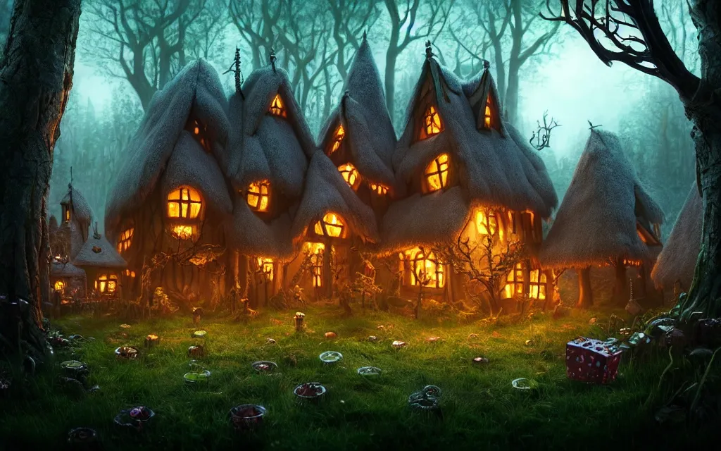 Image similar to gloomy fairytale forest with a singular witches cottage made of candy in the distance, visual novel key visual, award - winning digital art on pixiv, trending on artstation, cinematic lighting, dramatic lighting, epic cinematic, stunning and beautiful scenery - highly detailed, hyperrealistic, unreal engine 5, in the style of tim burton and guillermo del toro