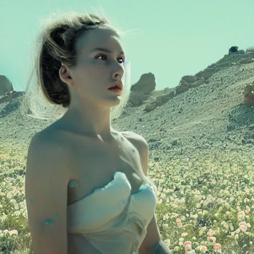 Image similar to The full body shot of beautiful pale woman with white flowers and full-face golden mask in a rocky desert landscape, multiple eyes by Denis Villeneuve, Lubezki, Gaspar Noe and Christopher Doyle, anamorphic lens, anamorphic lens flares, kodakchrome, cinematic composition, practical effects, award winning photo, 8k