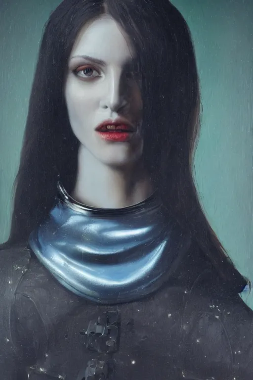 Image similar to hyperrealism oil painting, close - up portrait of european medieval brunette vampire fashion model, knight, steel gradient mixed with nebula sky, in style of baroque