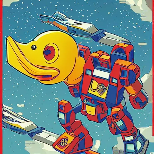 Image similar to a gundam shaped like a duck, robot shaped like a rubber duck, by Dan Mumford