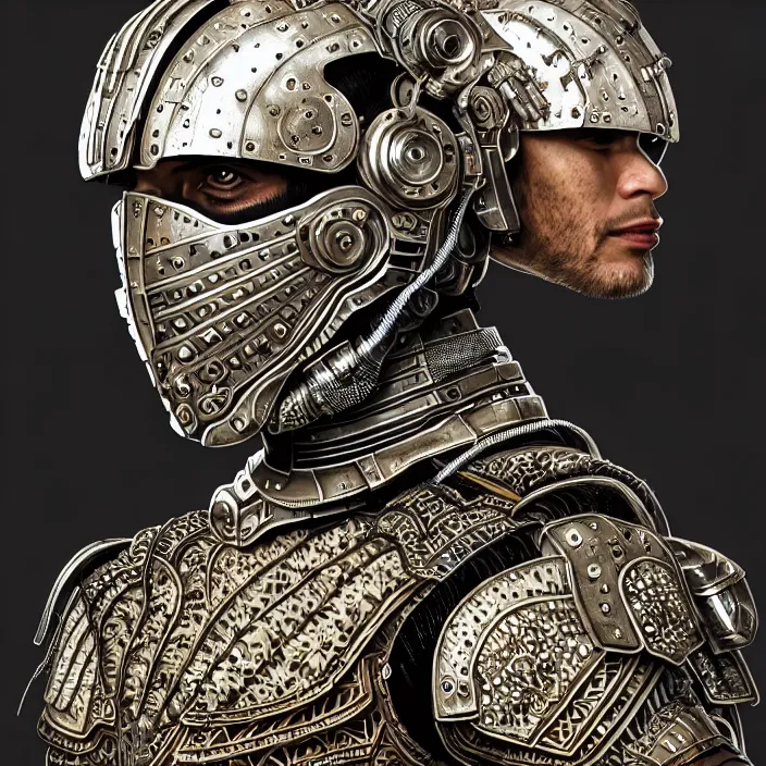 Image similar to portrait of a man wearing cyborg armor, Javanese batik pattern, subject in the center of the frame, wide angle shot, diffuse lighting, fantasy, intricate, elegant, highly detailed, lifelike, photorealistic, digital painting, artstation, illustration, concept art, smooth, sharp focus, art by John Collier and Albert Aublet and Krenz Cushart and Artem Demura and Alphonse Mucha