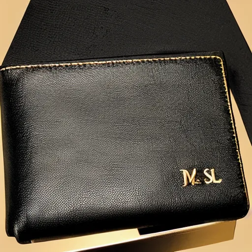 Prompt: womans black leather wallet with a gold zipper