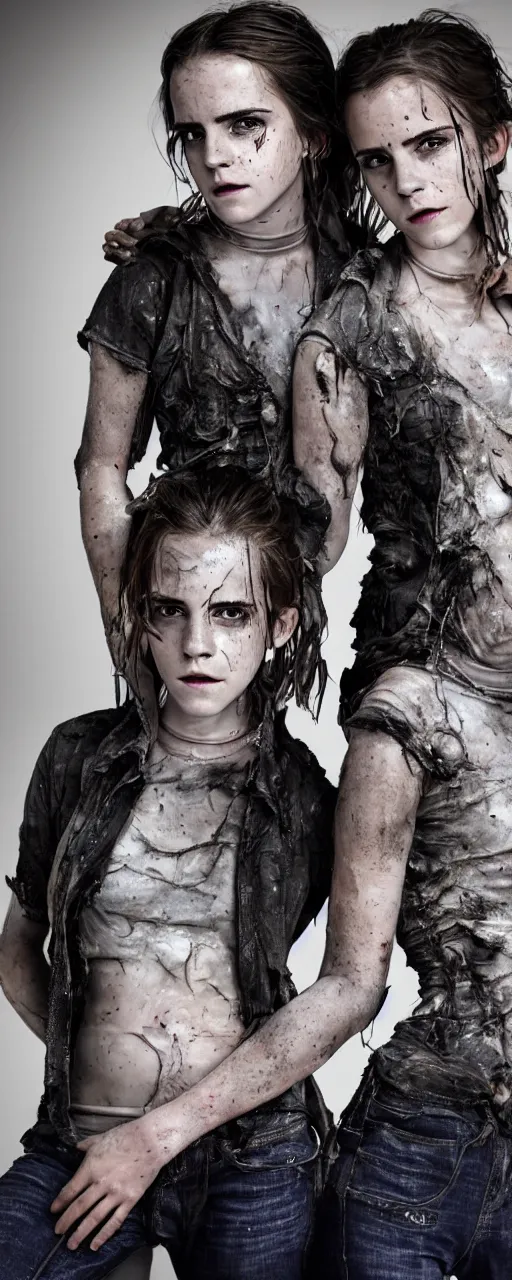 Image similar to Emma Watson conjoined closeup angry tired fighting yelling warface face iridescent vascular nerve bundles pearlescent spinal chord fractal armour twinned conjoined sisters action poses dishevelled photorealistic portrait grimy sweating bloody oily wet face dirty t-shirt and torn jeans in broken biomechanical fractal armour abandoned exploding sci-fi gas station, dark and dim atmospheric smog trending on artstation 8k matte painting, dramatic lighting, dramatic shadows professional photograph by Patrick Demarchelier