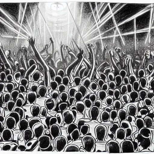 Image similar to the messiest rave you've ever been to, hyper detailed photorealistic pencil drawing of a large group of people dancing at a rave