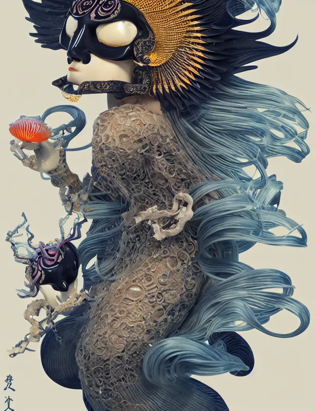 Image similar to 3 d goddess bottom - up with ram skull. beautiful intricately detailed japanese crow kitsune mask and clasical japanese kimono. betta fish, jellyfish phoenix, bio luminescent, plasma, ice, water, wind, creature, artwork by tooth wu and wlop and beeple and greg rutkowski