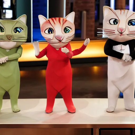 Image similar to anthropomorphic cats competing at masterchef TV show, studio shot