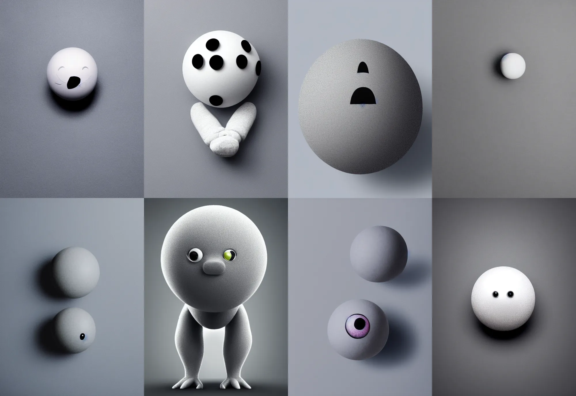 Prompt: a creature in the shape of a ball, light grey background
