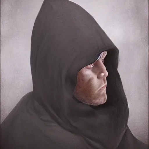 Prompt: portrait of a small pale cowardly man wearing dark hood, scared look, fantasy artwork, high fantasy