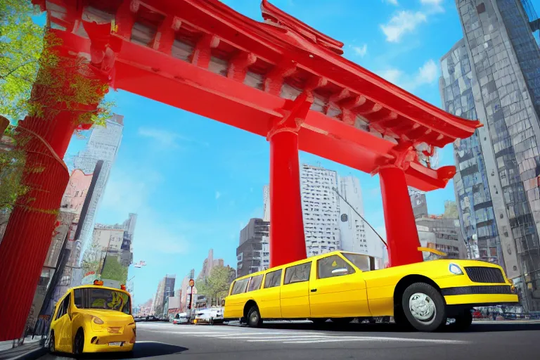 Prompt: Yellow school bus, a red japanese Torii gate, New York location in USA, atomic bomb dropping from the sky, ray tracing, high detail, 4K