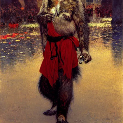 Prompt: a male ratwolfman rat wolf man in a red kimono furry arms furry body walking stick new york. furaffinity furry art detailed face painting by gaston bussiere craig mullins jc leyendecker gustav klimt artgerm greg rutkowski furry