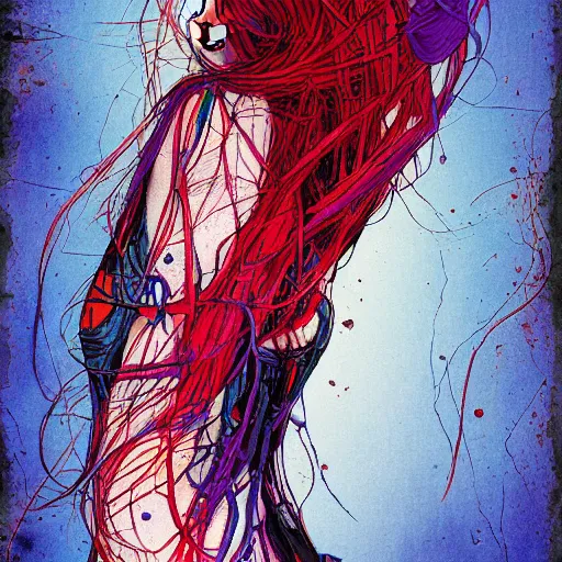 Prompt: the brittle. digital painting, vertical, intricate, beautiful, detailed, grunge, illustration, abstract art by milo manara, trending on artstation. blue, dark red and dark purple color scheme, gradient darker to bottom