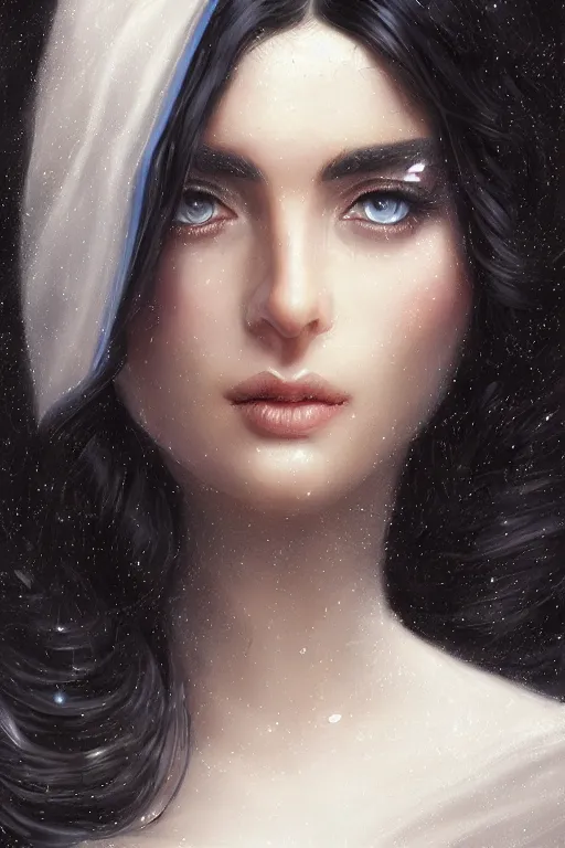 Image similar to Ameera al-Taweel, blue eyes, long wavy black hair, white veil, closeup, focus face, elegant, highly detailed, centered, digital painting, artstation, concept art by tom bagshaw