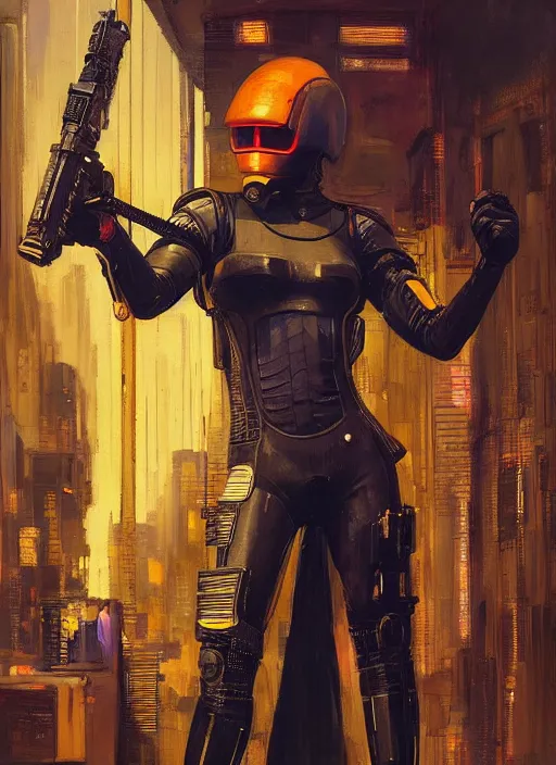 Image similar to Isabel igwe. cyberpunk mercenary wearing a futuristic helmet and combat jumpsuit. (Cyberpunk 2077, bladerunner 2049). Iranian orientalist portrait by john william waterhouse and Edwin Longsden Long and Theodore Ralli and Nasreddine Dinet, oil on canvas. Cinematic, vivid colors, hyper realism, realistic proportions, dramatic lighting, high detail 4k