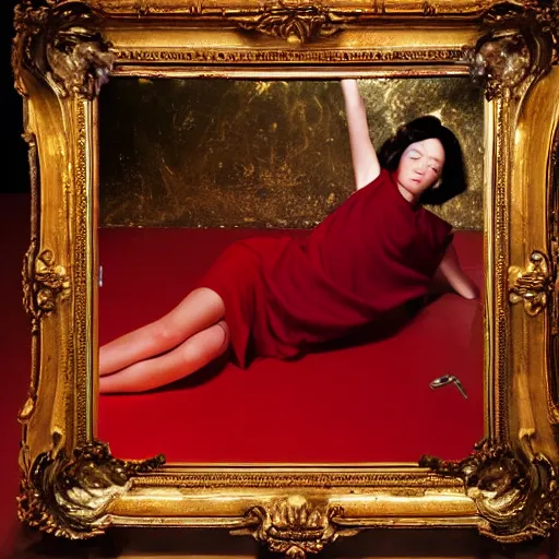 Image similar to Kiko Mizuhara full body laying in a blood red pool of water between a golden mirror frame, outside is space and inside the mirror frame is a beautiful landscape., physically accurate, dynamic lighting, intricate, elegant, highly detailed, very very Roberto Ferri, sharp focus, illustration, art