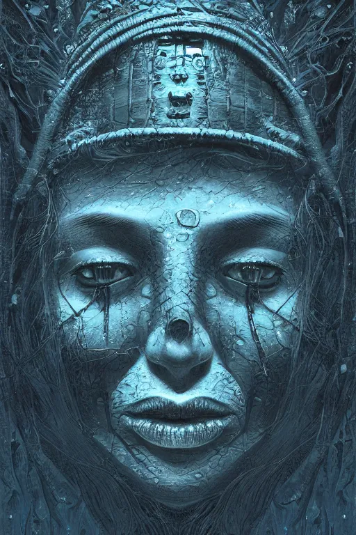 Image similar to very dark underwater portrait of a Mayan face, with (reaction diffusion) scaled fish skin. face closeup. long intricate dark hair, with Bioluminescent jellyfish. very high detail, illustration, trending on artstation