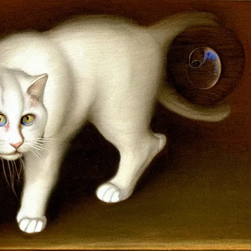 Image similar to a painting of a white cat with blue glowing eyes walking towards the viewer, in the style of leonardo da vinci.