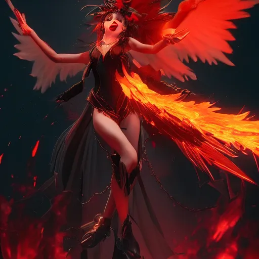 Prompt: young vampire princess witch summons with burning wings 4 k high definition dramatic lighting artstation trending path traced contrast light and dark cinematic breathtaking by dore, gustave and noriyoshi ohrai