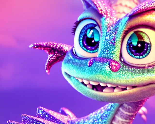 Image similar to a cute cute baby dragon, big eyes, soft scale texture, pastel colours, colorful, shiny glitter crystals, cute, adorable, pixar animation style, detailed, soft light, octane render, cute, 4 k,