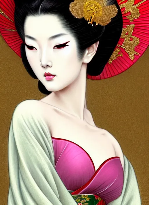 Prompt: glamorous and sexy Geisha portrait in an ancient japanese temple, beautiful pale makeup, pearlescent skin, seductive eyes and face, elegant, lacivious pose, very detailed face, highly detailed kimono, photorealism, portrait by Magali Villeneuve and Steve Argyle,Livia Prima,Mucha,dress,fantasy art,beautiful,artstation,trending on artstation,intricate details,alluring,masterpiece