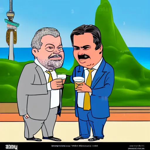 Prompt: cartoon drawing of Brazilian politicians Luis Inacio Lula da Silva and Jair Bolsonaro together drinking a caipirinha with Rio de Janeiro on the background, cute, cartoon, friendly
