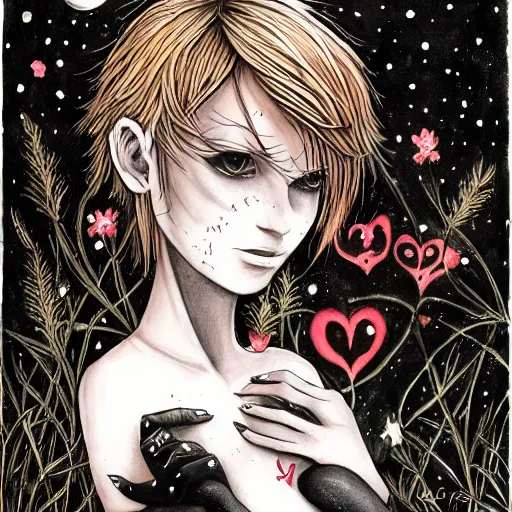 Image similar to blond butch tomboy woman, side by side, taller goth black - haired dark fae woman, in love, romantic in romantic garden at night, mike mignogna, illustration, pen and ink, oil painting, highly detailed, sci fi, dreamy and romantic