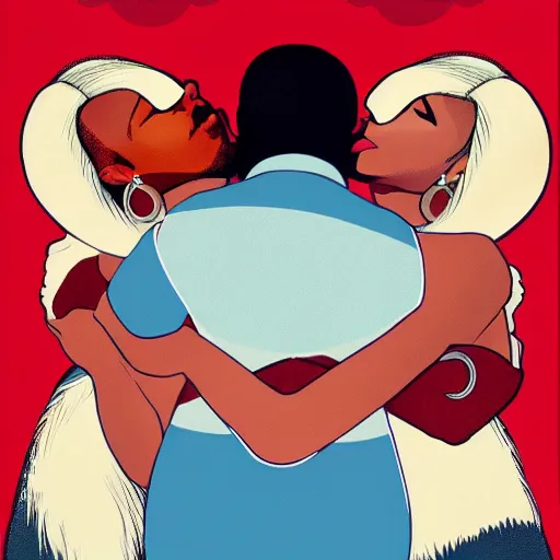 Prompt: nicki minaj hugged by barack obama from behind, soviet colored propaganda poster, highly detailed illustration