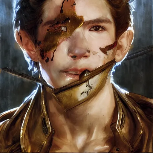 Image similar to portrait of a young white hero holding his sword next to his face covering his eye by yoji shinkawa, high quality, extra details, realism, ornate, colored, golden chain, blood, white skin, short hair, brown eyes, vivid, sunlight, dynamic, american man, freedom, white american soldier, painting