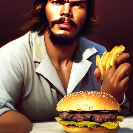 Prompt: portrait of che guevara eating hamburgers, extra onions and ketchup, luscious patty with sesame seeds, feminine ethereal, handsome, d & d, fantasy, intricate, elegant, highly detailed, digital painting, artstation, concept art, matte, sharp focus, illustration, art by artgerm and greg rutkowski and alphonse mucha