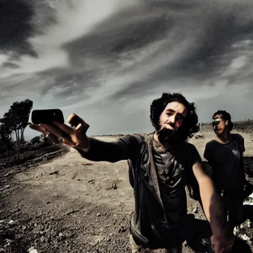 Prompt: the last selfie on earth, photography, apocalyptic