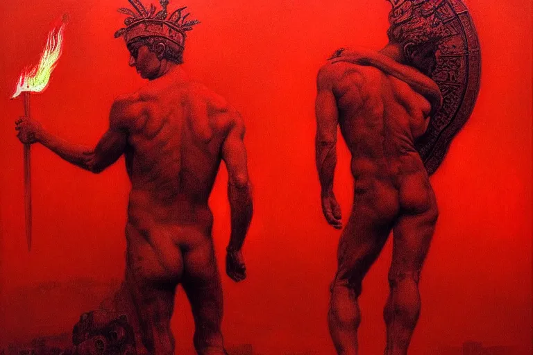 Image similar to only with red, a red melted apollo with a laurel wreath and a flaming sword announce the win, atene in the background, in the style of beksinski, part by hopper, part by rodcenko, part by hofbauer, intricate composition, red by caravaggio, insanely quality, highly detailed, masterpiece, red light, artstation