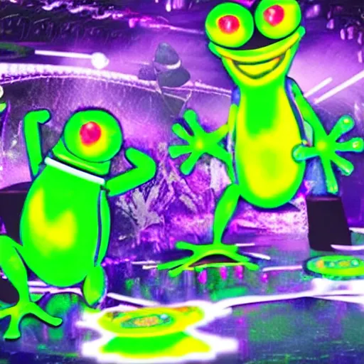 Prompt: futuristic frogs having a rave party in a club