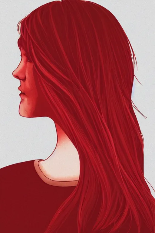 Image similar to upper body portrait. back of a girls head and shoulders. medium length hair. bright red hair! black jumper. lit from the right side, white light. centered median photoshop filter cutout vector behance hd artgerm jesper ejsing!