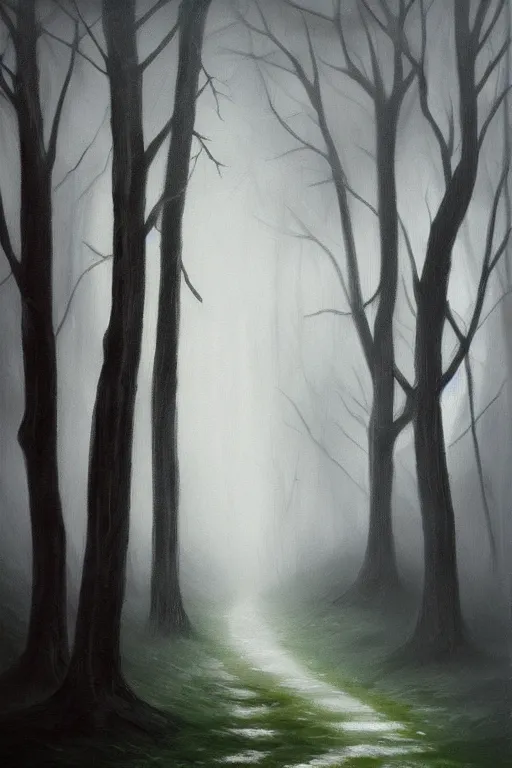 Image similar to dark and spooky woods. atmospheric, foggy, oil painting on canvas. fairytale with a wolf with glowing white eyes