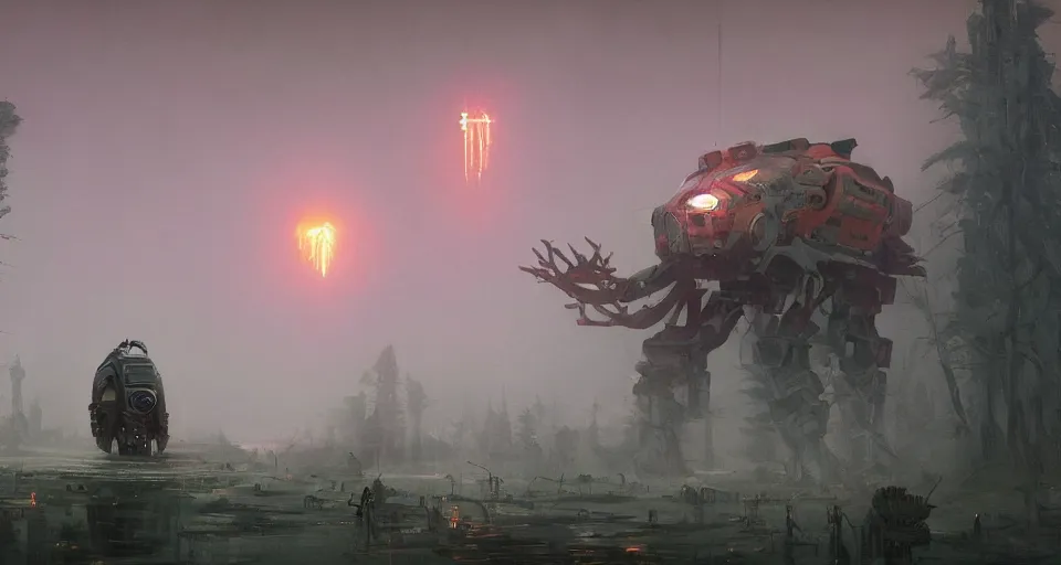 Image similar to magitech singularity tiger megastruture out of the mist concept art by simon stalenhag, ilya repin, greg danton, brian sum, max bedulenko, eddie mendoza, igor krstic, james suret, pascal blanche