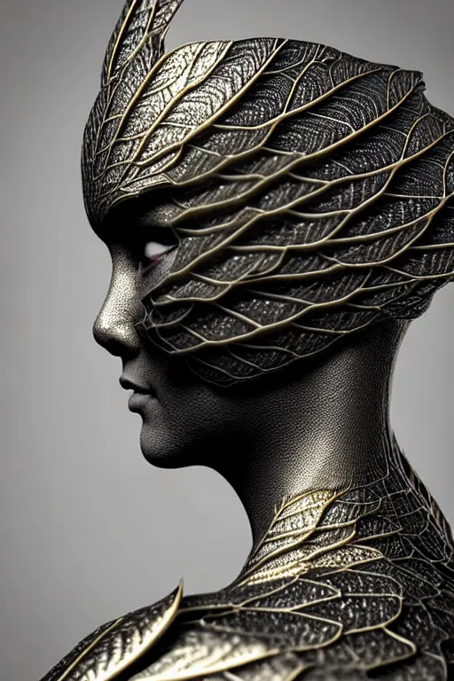 Image similar to bw close - up profile face, black background, beautiful young porcelain vegetal - dragon - cyborg - female, 1 5 0 mm, beautiful natural soft rim light, silver gold details, magnolia leaves and stems, roots, mandelbot fractal, elegant, ultra detailed, white metallic armour, octane render, dora maar