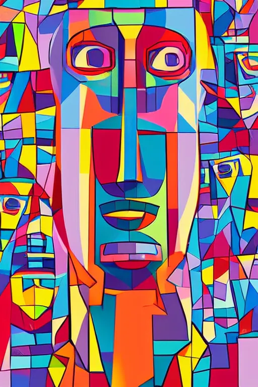 Image similar to cubist moai statue cutout digital illustration cartoon colorful beeple